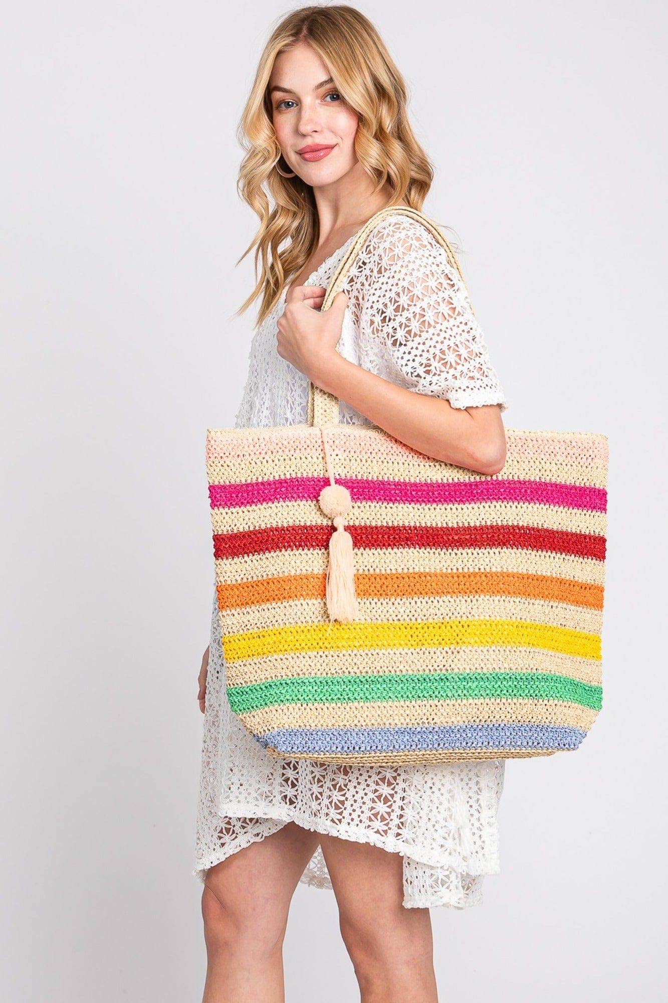 Amara Striped Crochet Women's Tote Bag with Tassel: Pink Multi