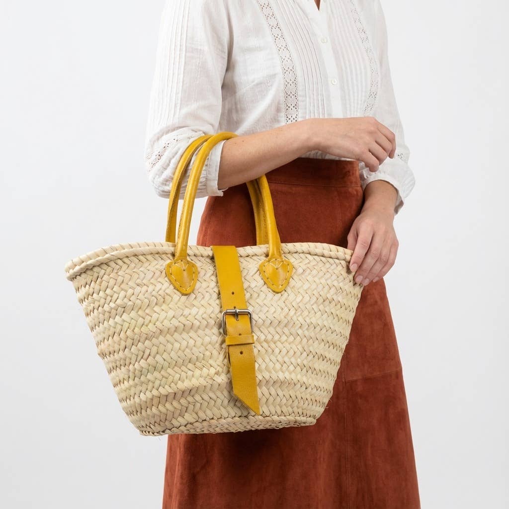 French Market Basket Leather Buckle Straw Bag: Orange