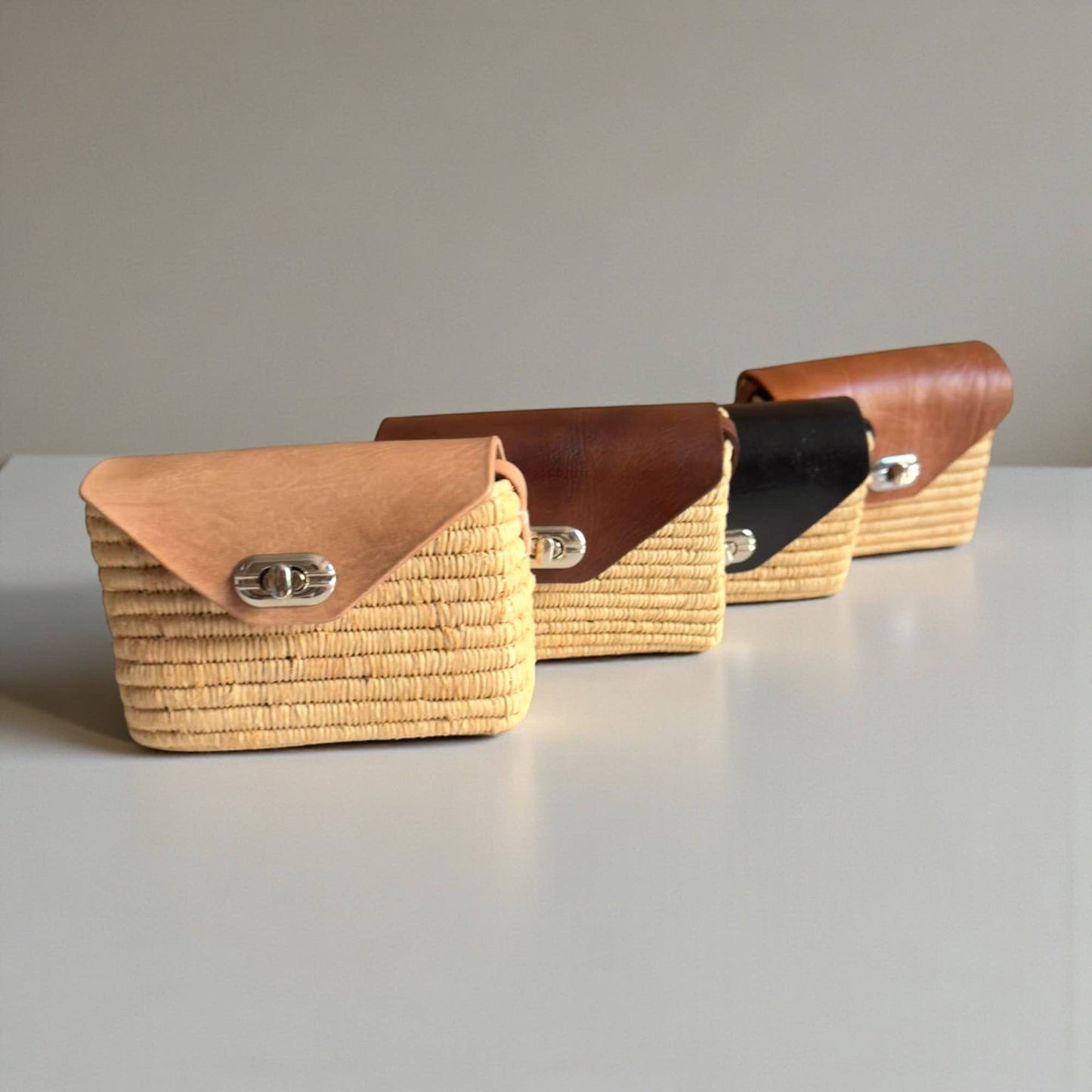Handmade Straw & Leather Crossbody Bag - Mini Boho Purse: Brown / Small