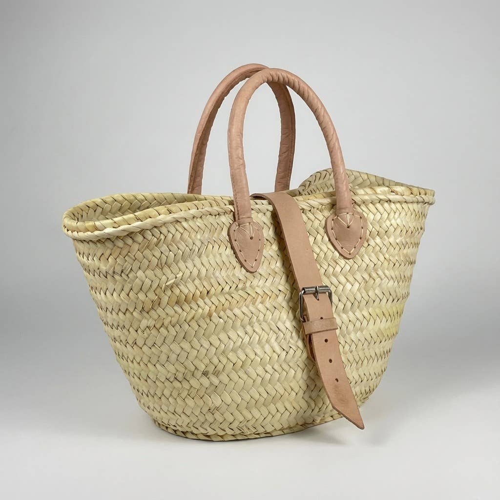 French Market Basket Leather Buckle Straw Bag: Orange