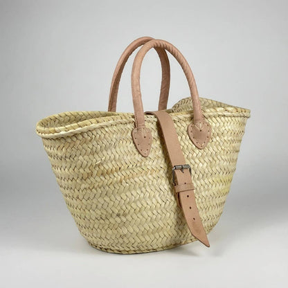 French Market Basket Leather Buckle Straw Bag: Pink