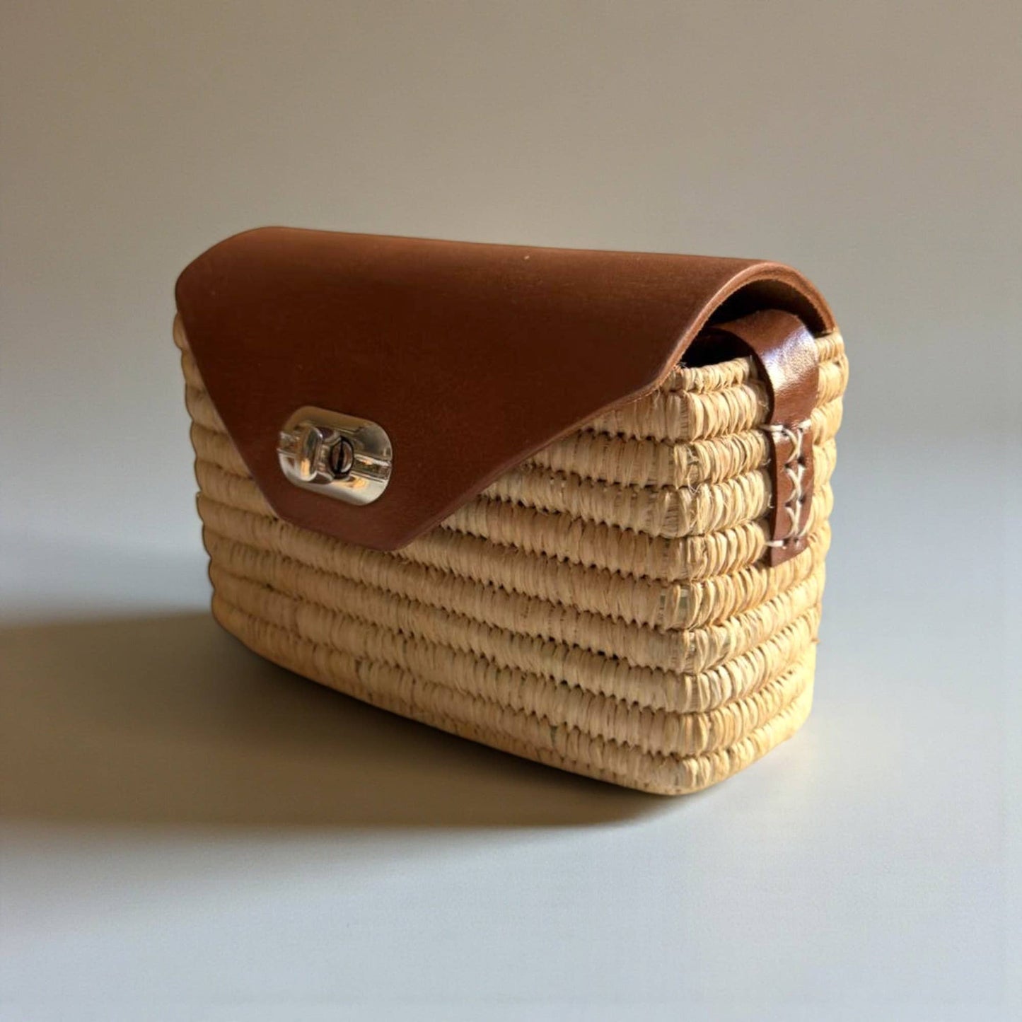 Handmade Straw & Leather Crossbody Bag - Mini Boho Purse: Brown / Small