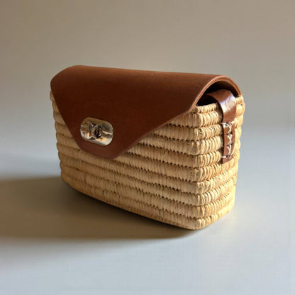 Handmade Straw & Leather Crossbody Bag - Mini Boho Purse: Brown / Small