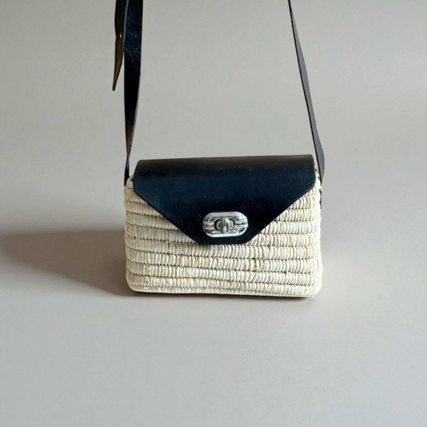 Handmade Straw & Leather Crossbody Bag - Mini Boho Purse: Brown / Small