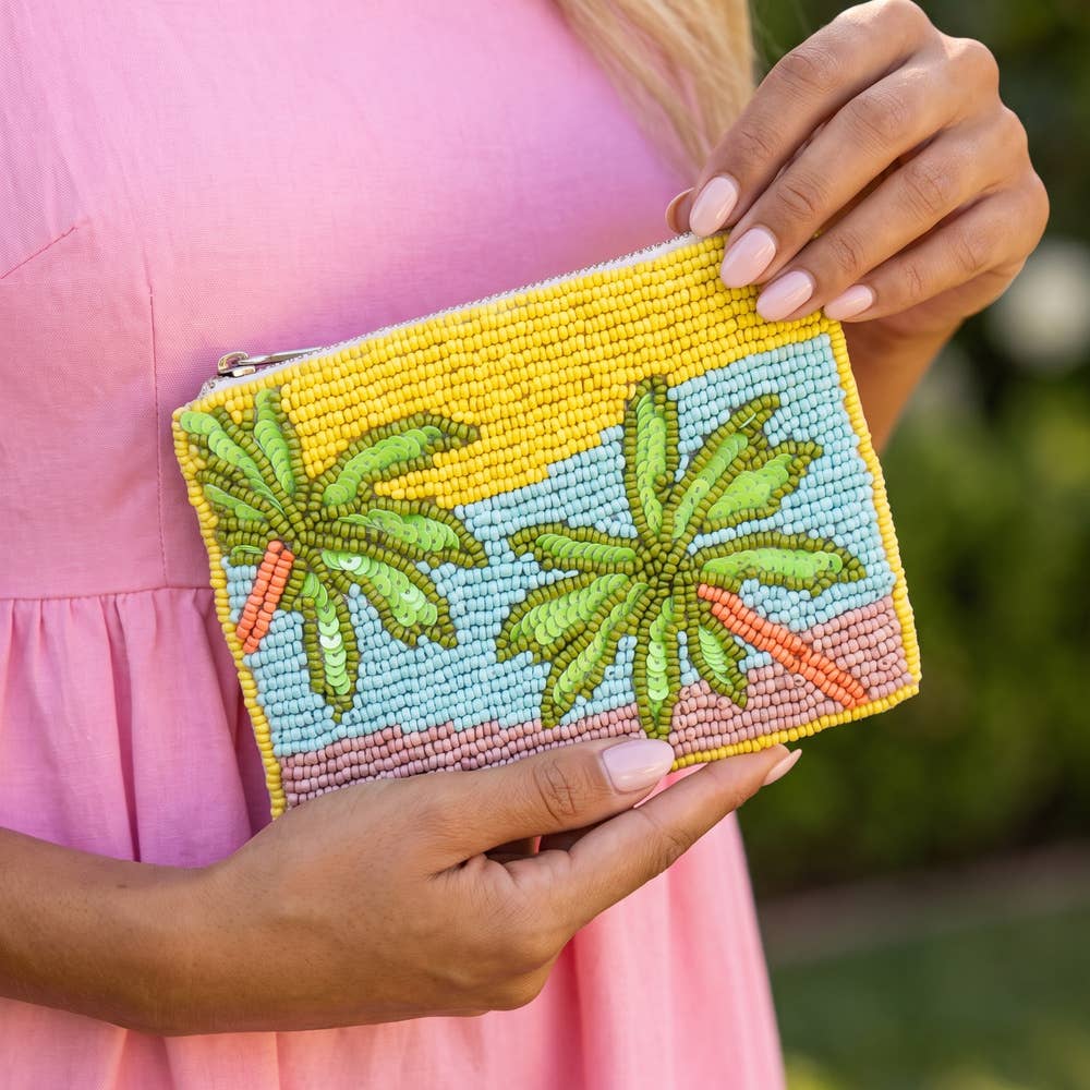 Palm Tree Beach Beaded Coin Pouch: YELLOW