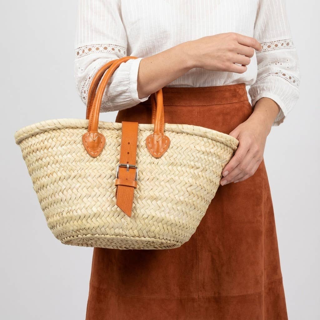 French Market Basket Leather Buckle Straw Bag: Orange