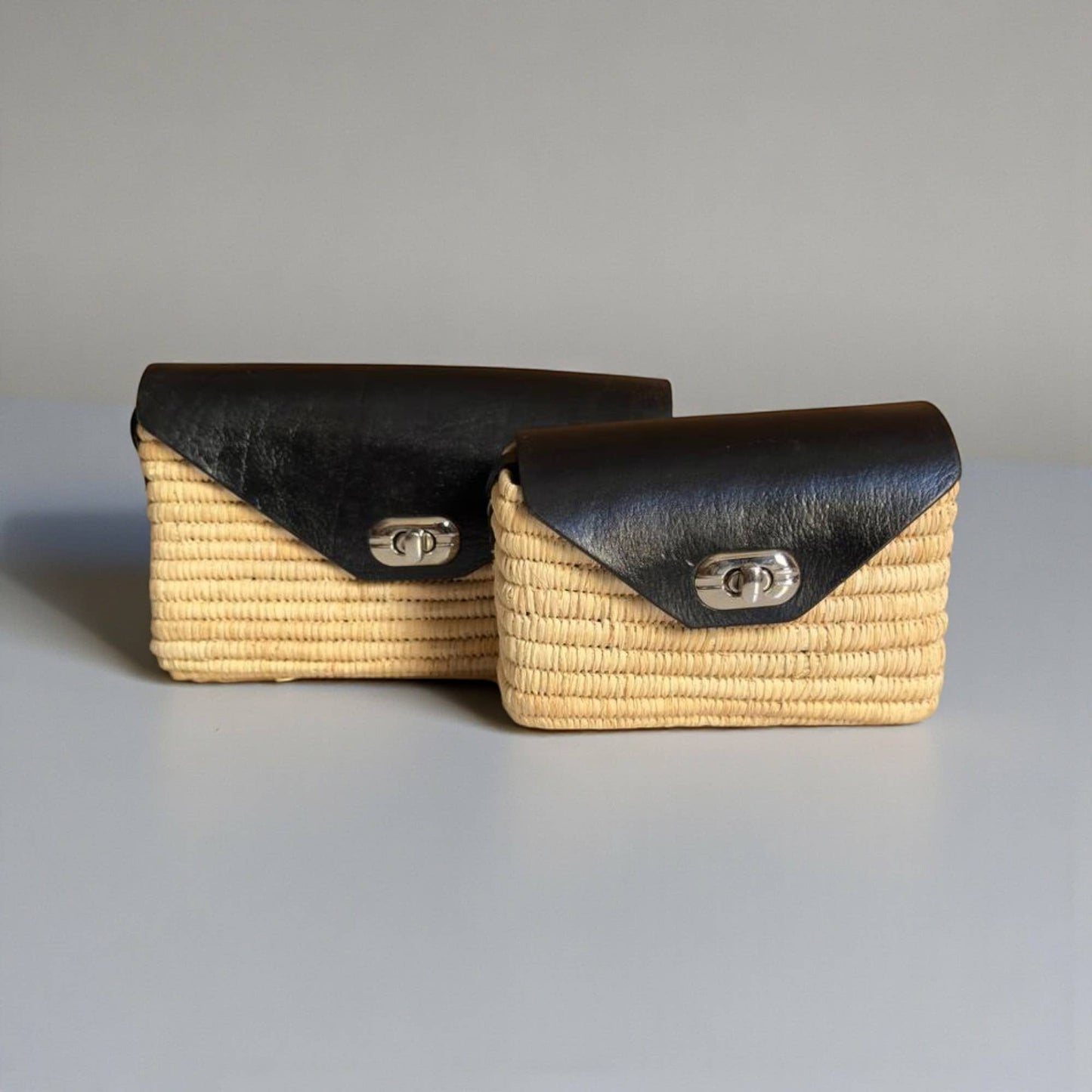 Handmade Straw & Leather Crossbody Bag - Mini Boho Purse: Brown / Small
