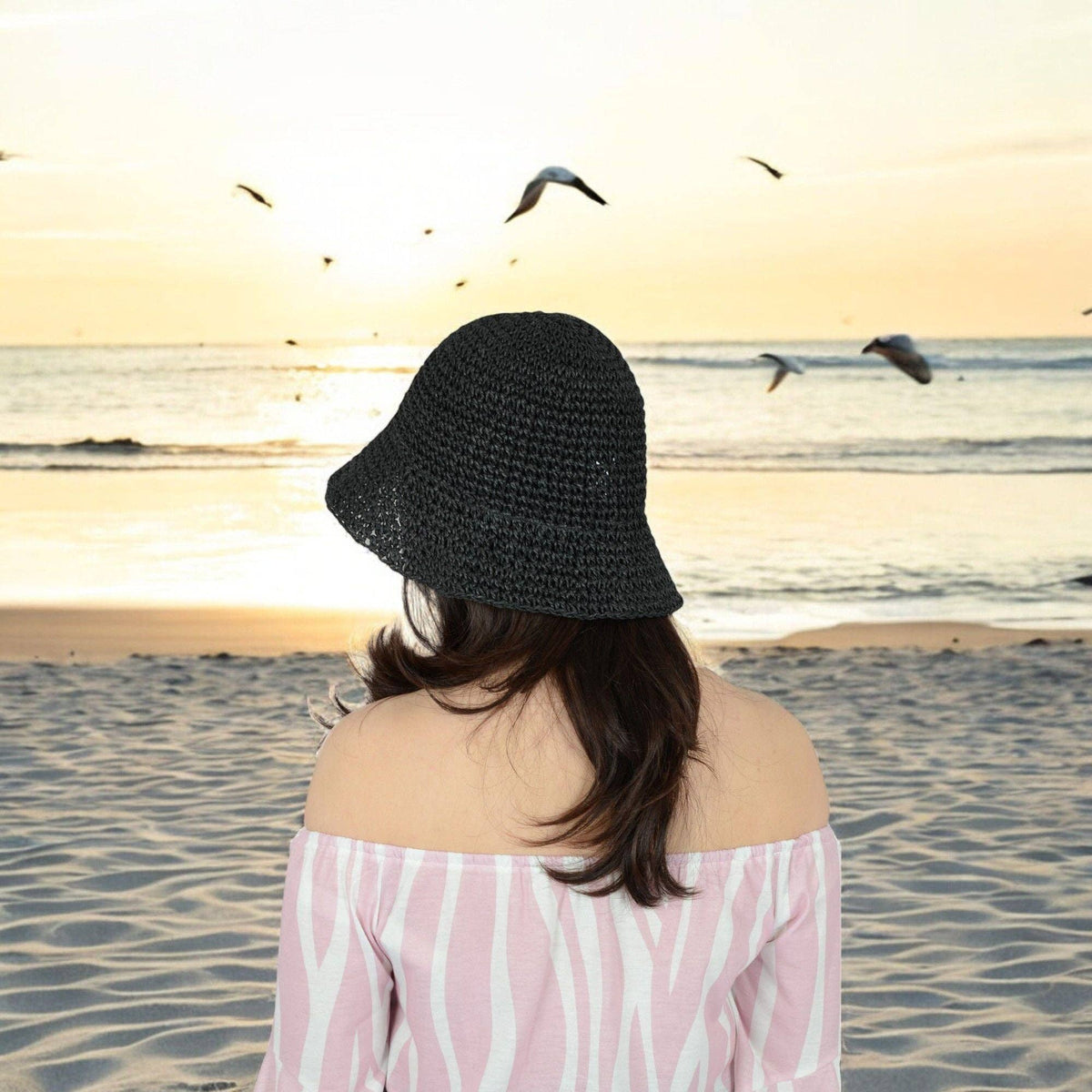 Crochet Raffia Bucket Hat Foldable Wide Brim Sun Hat: Khaki / One Size Fits Most