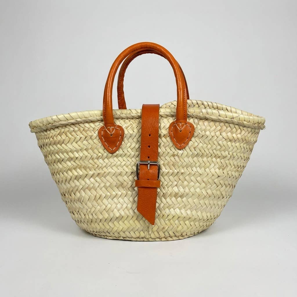 French Market Basket Leather Buckle Straw Bag: Orange