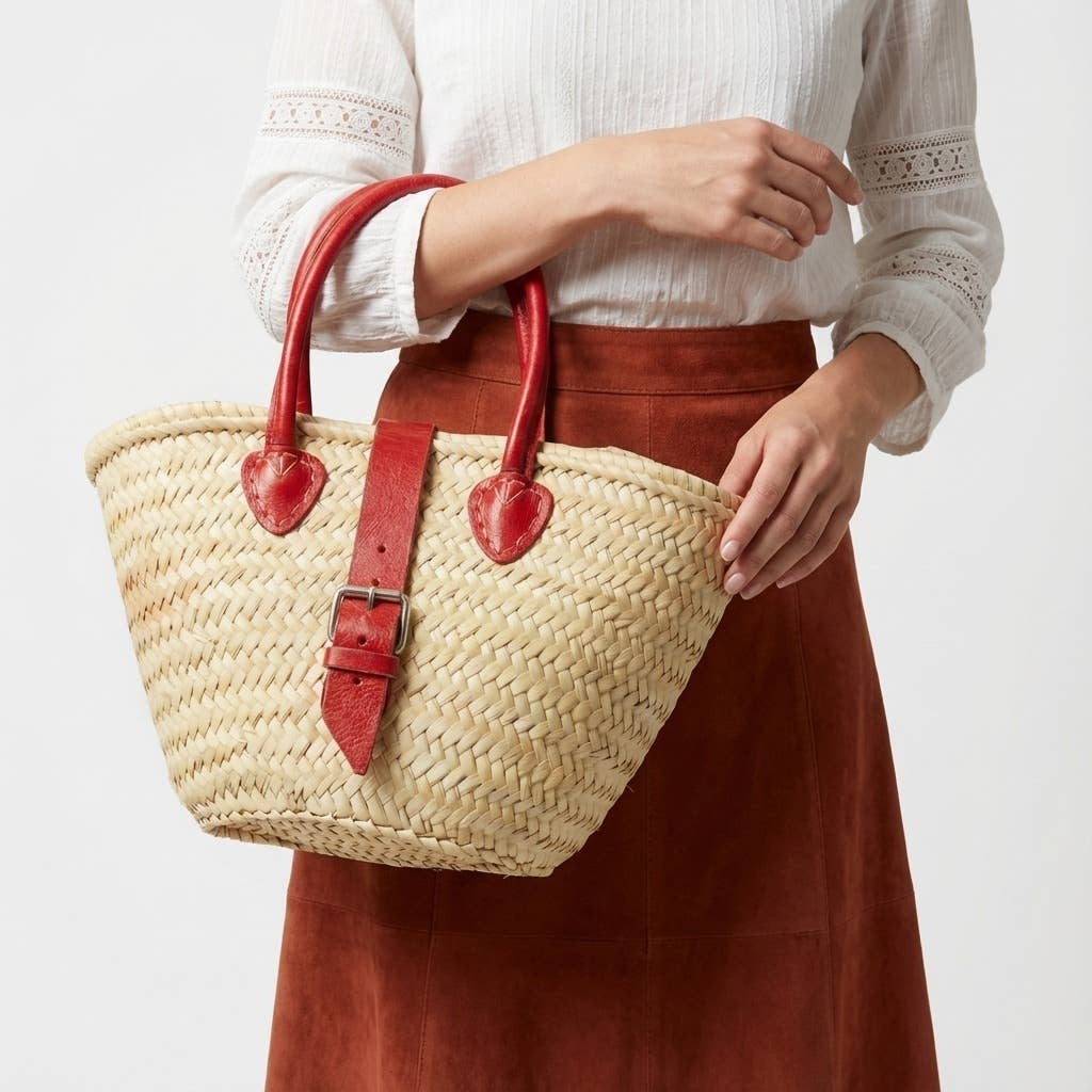 French Market Basket Leather Buckle Straw Bag: Orange
