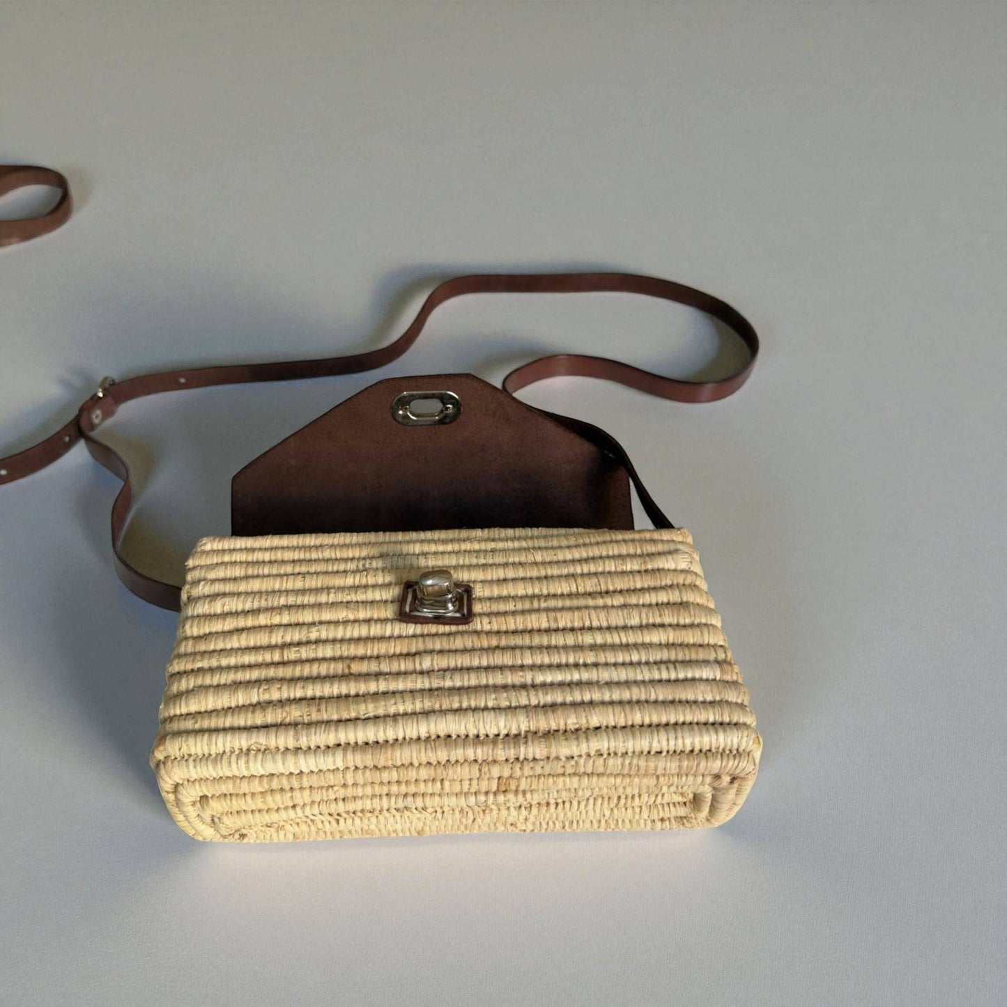 Handmade Straw & Leather Crossbody Bag - Mini Boho Purse: Brown / Small