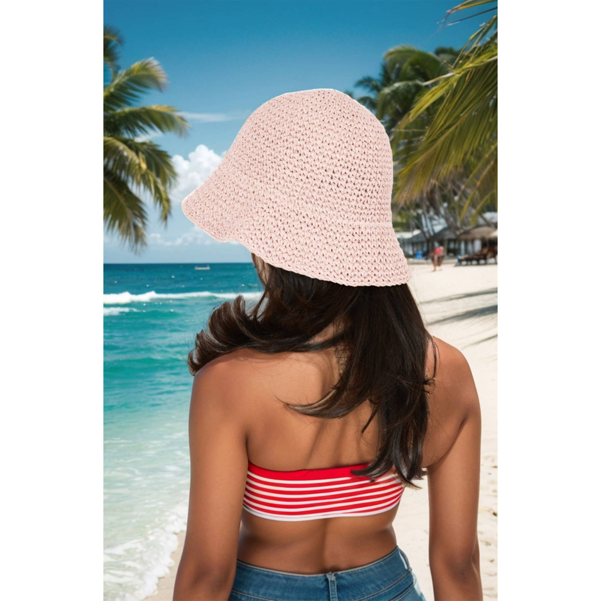 Crochet Raffia Bucket Hat Foldable Wide Brim Sun Hat: Khaki / One Size Fits Most