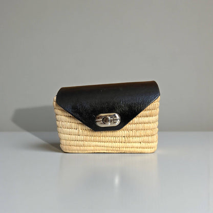 Handmade Straw & Leather Crossbody Bag - Mini Boho Purse: Brown / Small