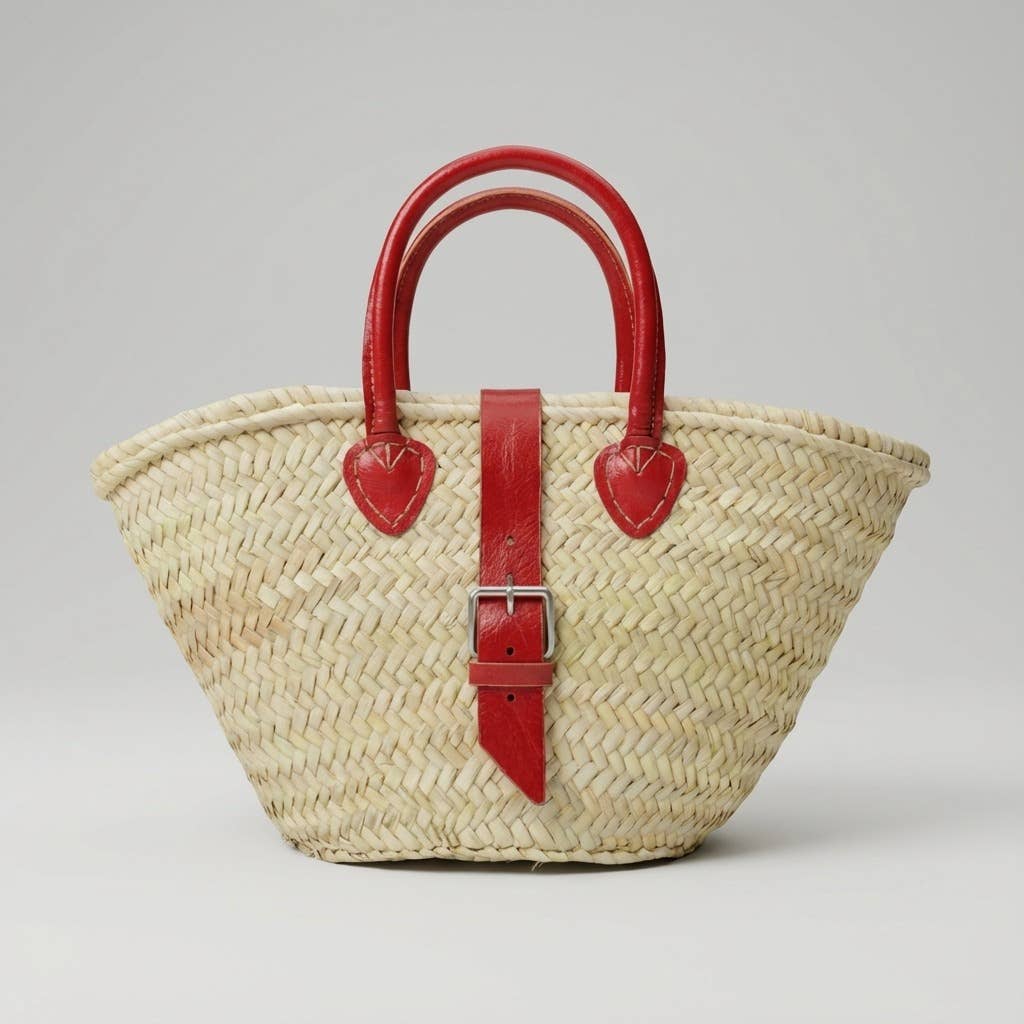 French Market Basket Leather Buckle Straw Bag: Orange