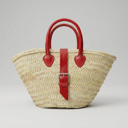 French Market Basket Leather Buckle Straw Bag: Yellow