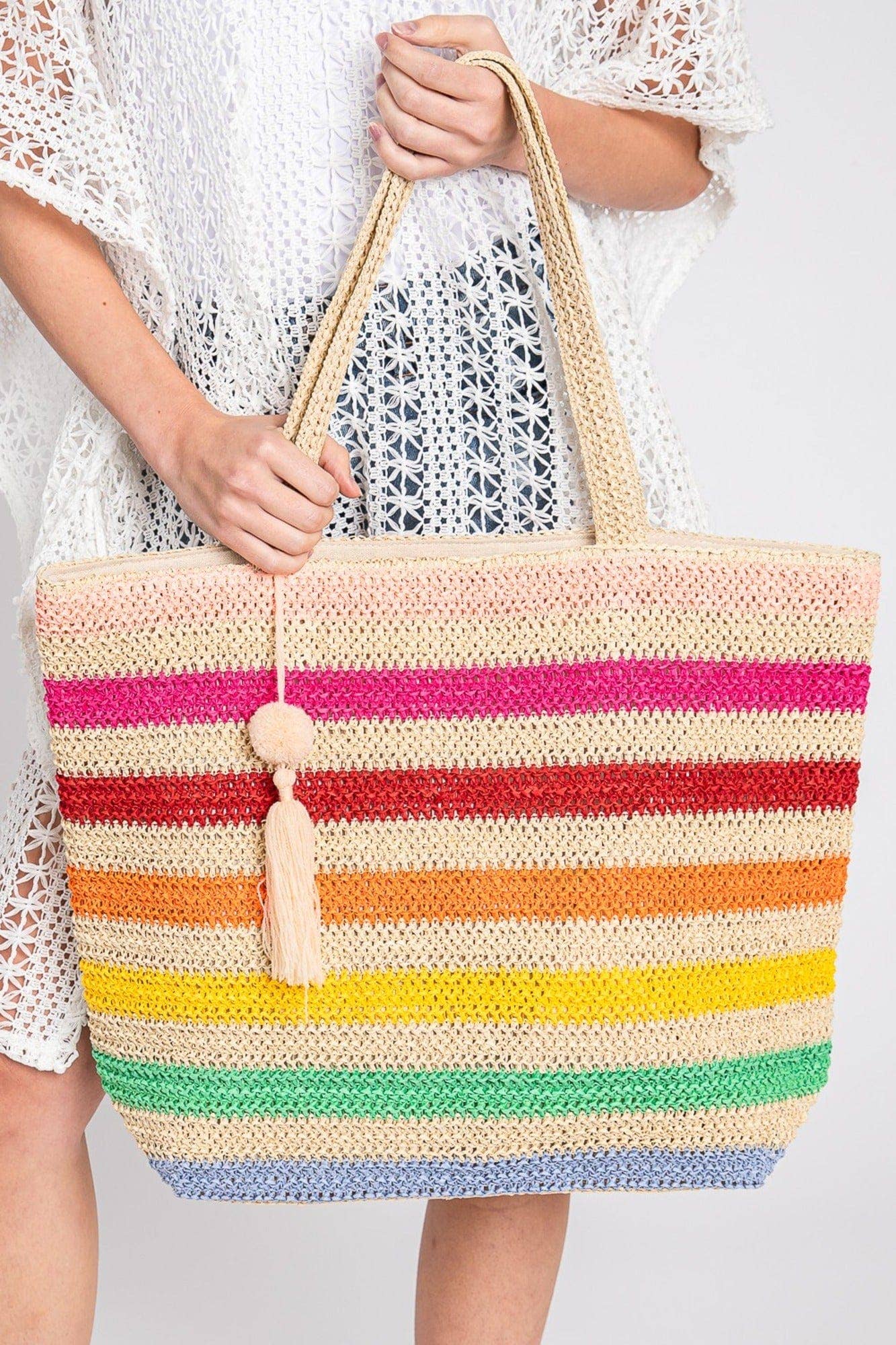 Amara Striped Crochet Women's Tote Bag with Tassel: Pink Multi