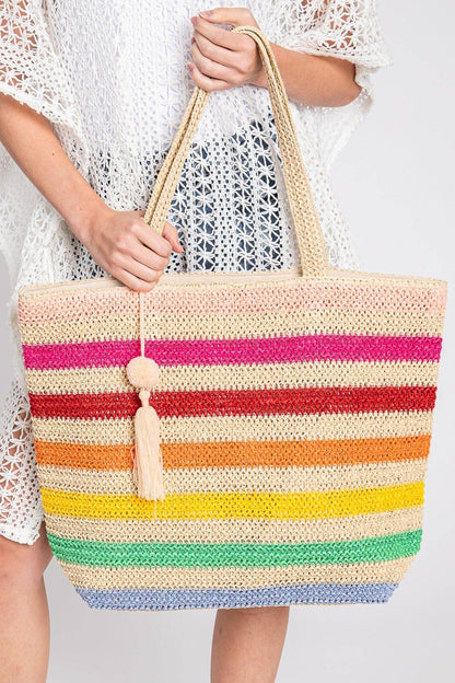 Amara Striped Crochet Women's Tote Bag with Tassel: Pink Multi