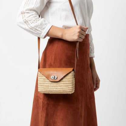 Handmade Straw & Leather Crossbody Bag - Mini Boho Purse: Brown / Small