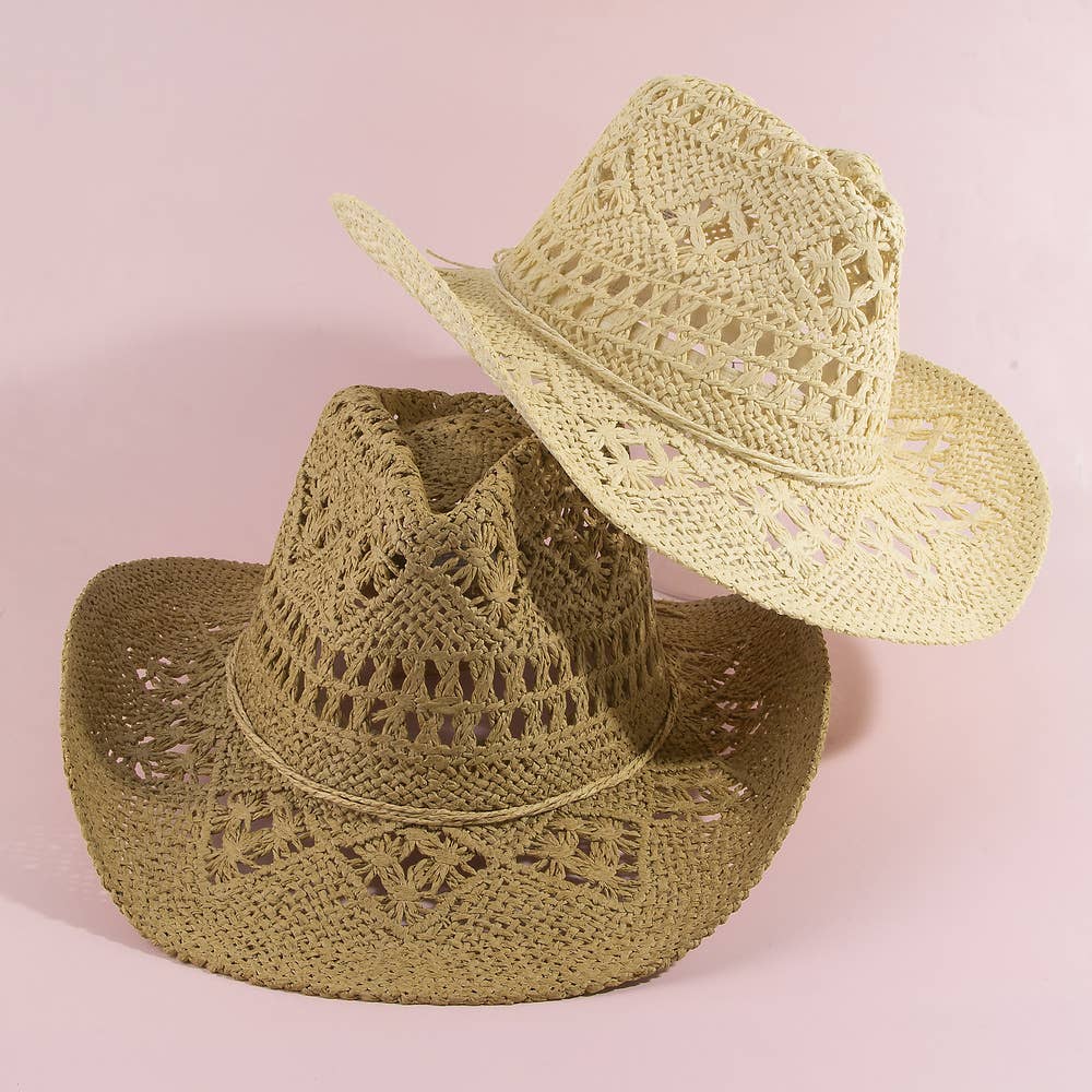Paper Straw Open Weave Crochet Cowboy Hat: KA