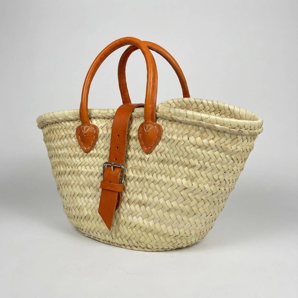 French Market Basket Leather Buckle Straw Bag: Orange