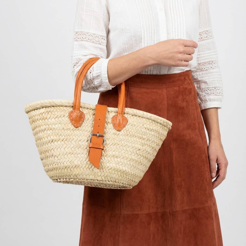 French Market Basket Leather Buckle Straw Bag: Orange