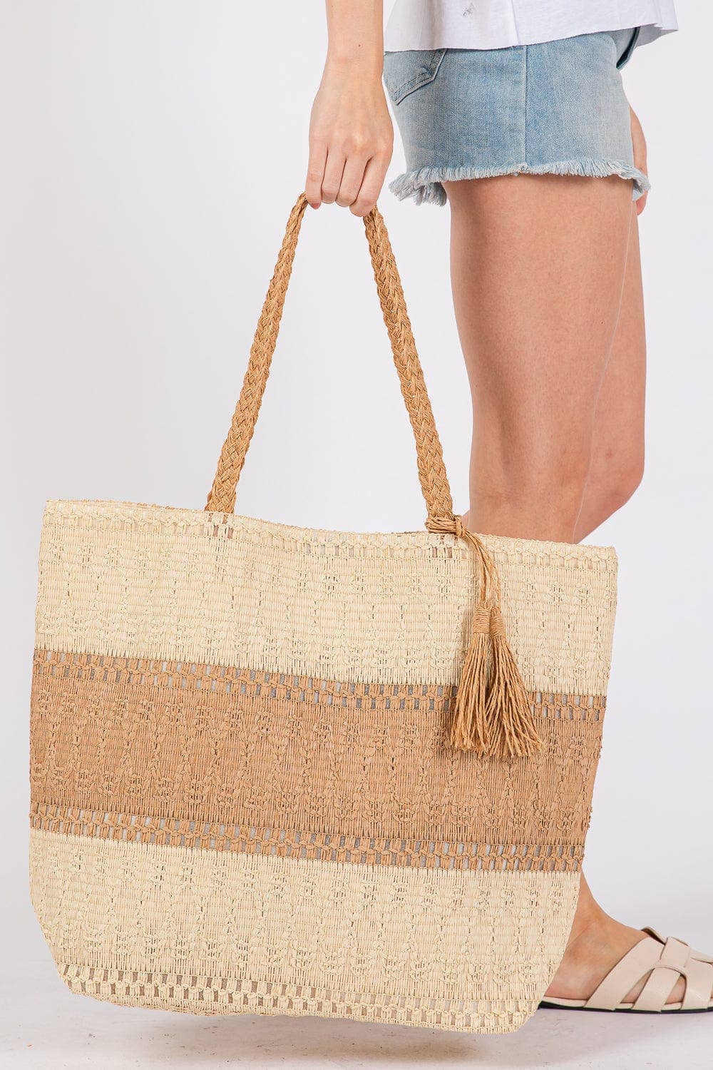 Two Tone Woven Straw Tote Bag: Taupe