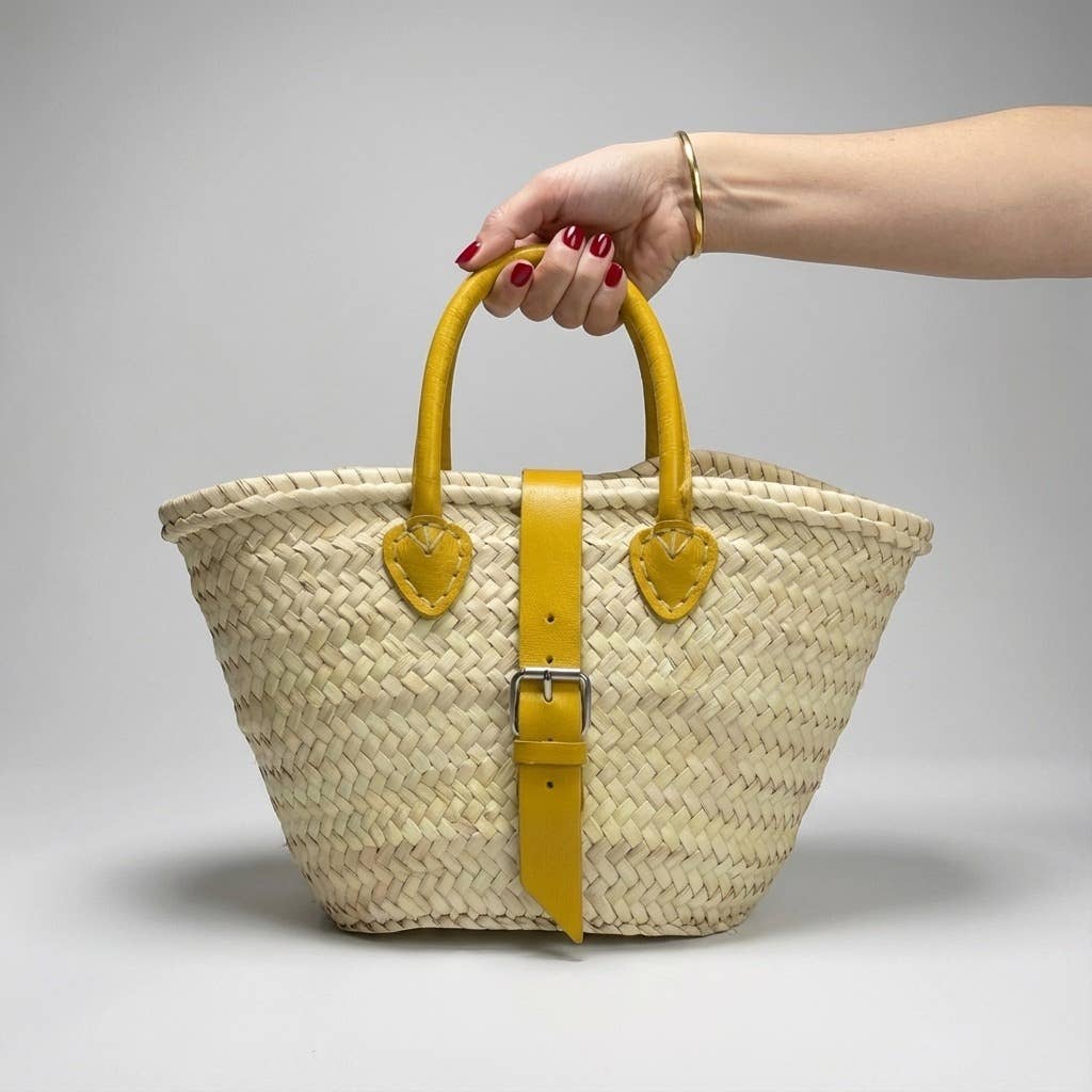 French Market Basket Leather Buckle Straw Bag: Orange