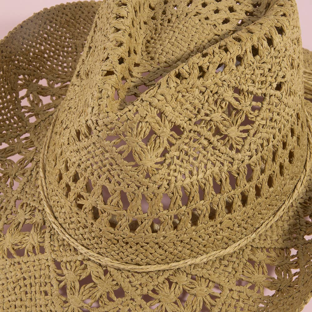 Paper Straw Open Weave Crochet Cowboy Hat: KA
