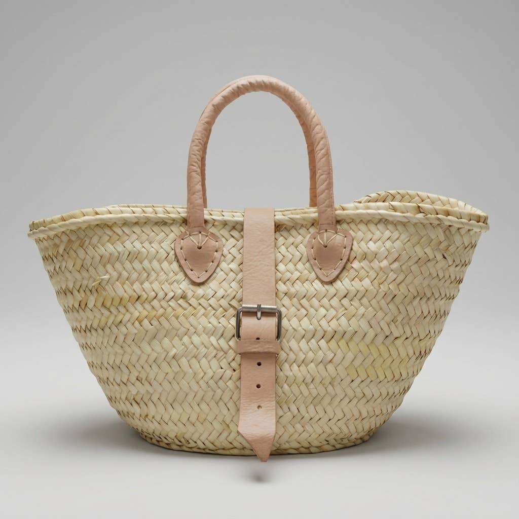 French Market Basket Leather Buckle Straw Bag: Orange