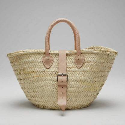 French Market Basket Leather Buckle Straw Bag: Orange