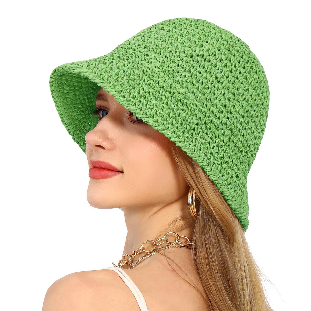 Crochet Raffia Bucket Hat Foldable Wide Brim Sun Hat: Khaki / One Size Fits Most