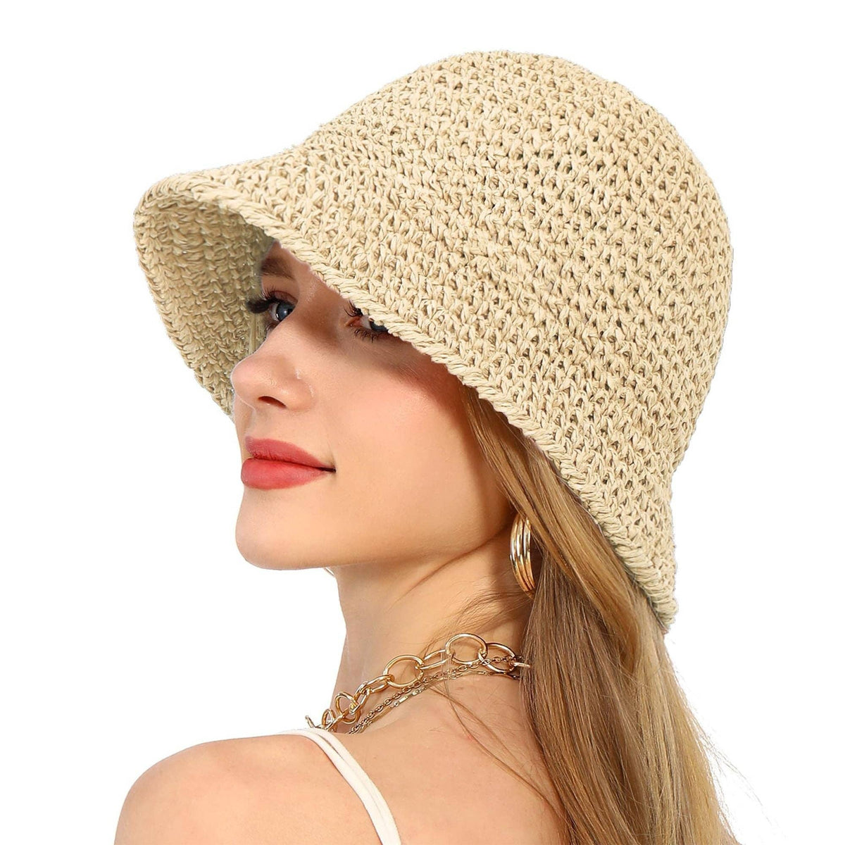 Crochet Raffia Bucket Hat Foldable Wide Brim Sun Hat: Khaki / One Size Fits Most