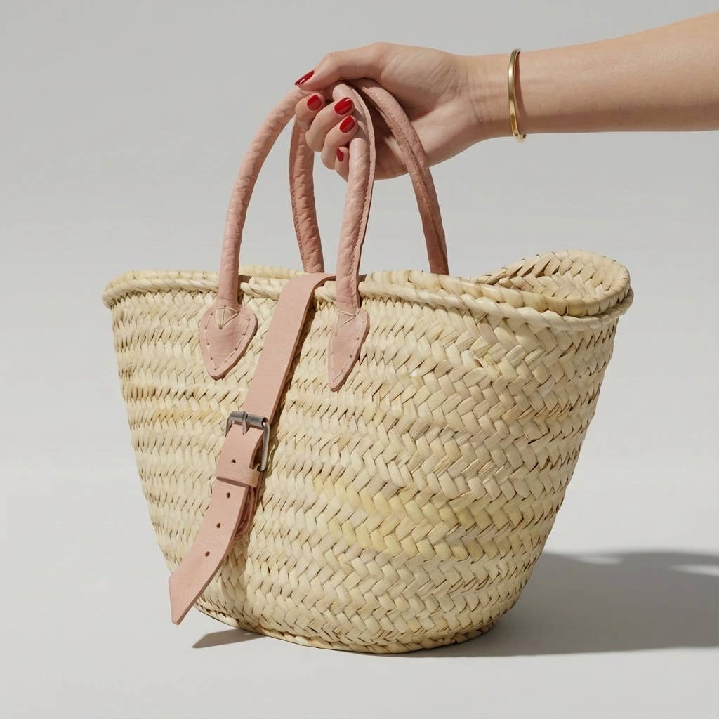 French Market Basket Leather Buckle Straw Bag: Orange