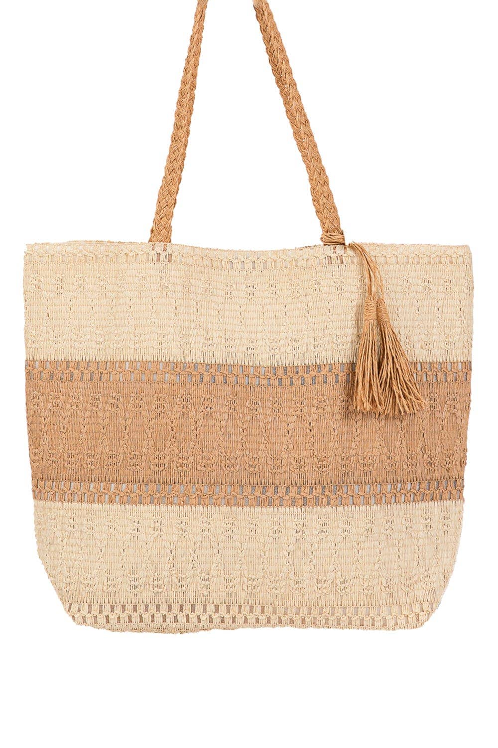 Two Tone Woven Straw Tote Bag: Taupe