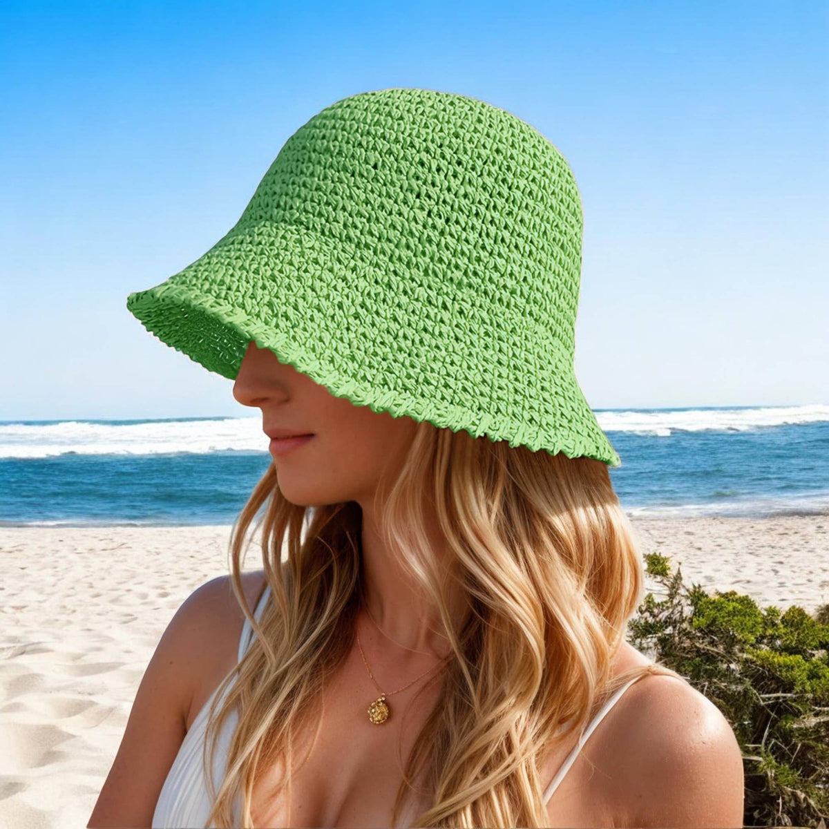 Crochet Raffia Bucket Hat Foldable Wide Brim Sun Hat: Khaki / One Size Fits Most